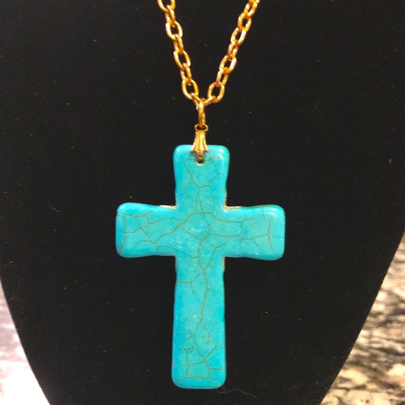 CowgirlZ at HEART Jewelry - RESERVED 🎉BIG TURQUOISE CROSS ON GOLD TONE CHAIN NECKLACE  2 3/4”CROSS